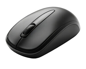A sleek black computer mouse with scroll wheel on a dark background in a studio setting close up view