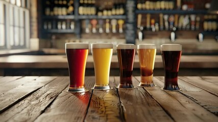Friends gather around a rustic bar, savoring different craft beers while sharing stories and enjoying the lively atmosphere around them
