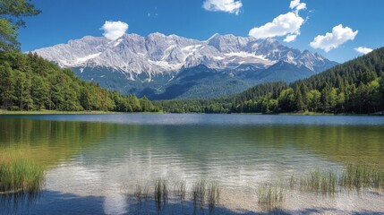 Naklejka premium Scenic Lake Reflecting Snowy Mountains Surrounded by Green Forest in Bavaria Germany