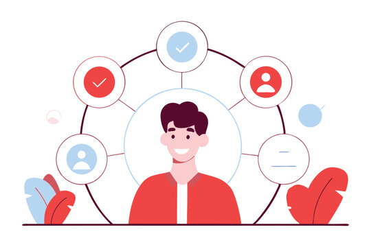 A circle of playful icons like resume, portfolio, avatar, and social links orbiting a smiling character.