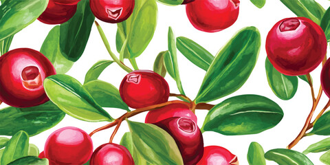 Watercolor Red Cranberry Fruit Seamless Pattern. Fresh Berry Harvest Design for trendy design, textile, packaging, fabric, wallpaper, branding, stationery, wrapping paper interior decor.