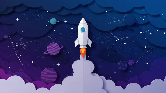 Rocket Launching into Space - Paper Art Style - A white rocket blasts off into a vibrant, stylized space scene, depicted in a charming paper-cut art style. Planets, stars
