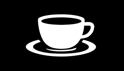 white coffee cup and saucer silhouette on black background, minimalist tea cup icon in white, coffee mug and plate outline design
