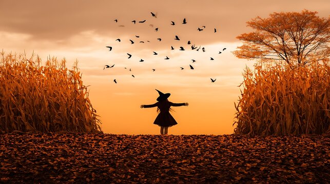 Halloween witch in autumn landscape