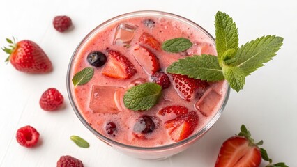 Refreshing Berry Smoothie Top-Down Composition, Glass of Strawberry Raspberry Blend with Mint, Summer Concept. Smoothie Recipe, Berry Drink Smoothie, Berries