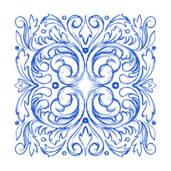 Indigo Blue Vector Sketch Classic Geometric Decorative Tile, Traditional Mediterranean Floral Ornament Hand Drawn Portuguese Mosaic Drawing, Spanish Mexican Talavera Ornamental Artwork Isolated Design
