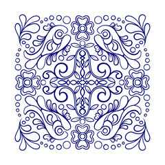 Indigo Blue Vector Sketch Classic Geometric Decorative Tile, Traditional Mediterranean Floral Ornament Hand Drawn Portuguese Mosaic Drawing, Spanish Mexican Talavera Ornamental Artwork Isolated Design