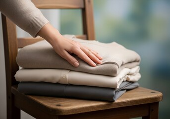 Obraz premium Neatly stacked clothing on wooden chair with hand arranging fabrics 