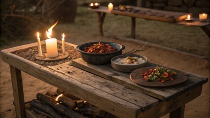 Rustic Candlelit Dinner Three-Dish Composition on Wooden Table, Food Photography, Warm Lighting, Culinary Still Life. Food Photography, Culinary