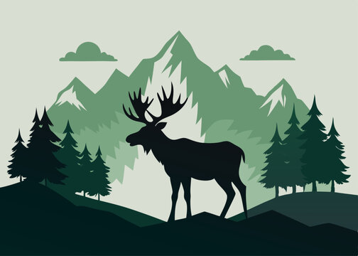 deer in the forest with mountine and nature vector illustration