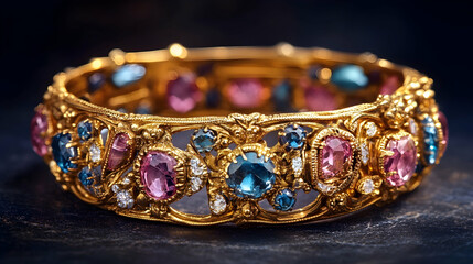 Ornate Gold Bracelet with Pink an  F8BEF