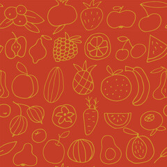 delicious juicy fruits seamless pattern. Bright seamless background for your design. Wrapping paper, textiles, wallpaper. Healthy food. Food doodle. Vector illustration.