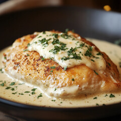 Chicken fillet in cream cheese and parmesan sauce on a black plate.
