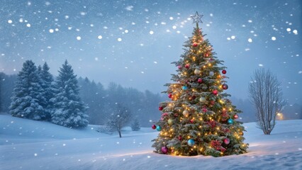 Snow-Covered Christmas Tree in Winter Wonderland Illuminated Fir, Festive Ornaments, Snowy Landscape, Night Scene Christmas, Winter