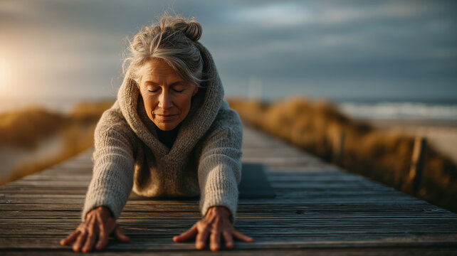 Mature woman enjoys a peaceful moment in downward facing dog by the beach