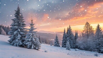 Snowy Mountain Sunset Winter Wonderland Landscape, Snowfall, Pine Trees, Golden Hour, Winter Scene Winter Photography, Christmas Card