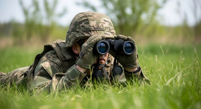 Soldier in camouflage uniform, lying on grass, using binoculars to observe surroundings, showcasing military tactics and focus in a natural environment