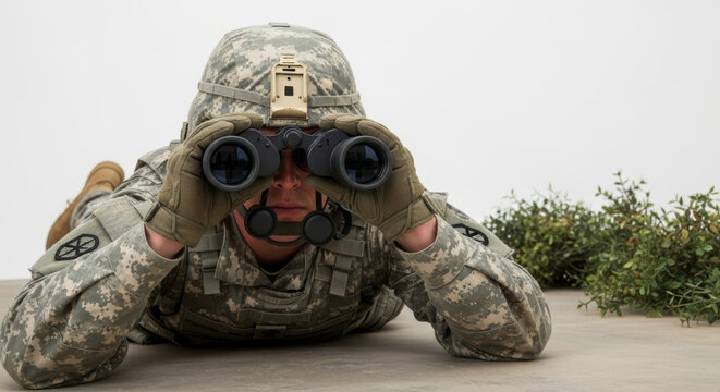 A soldier in camouflage, wearing a helmet and gloves, lies prone, using binoculars to observe.