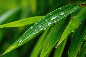 Naklejka premium Close-up of vibrant green bamboo leaves, glistening with water droplets