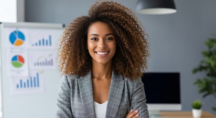 A confident young businesswoman with curly hair smiles brightly in a modern office setting.