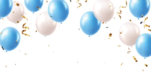 Fotobehang Elegant blue white balloons and party confetti ribbon, for happy Birthday celebration card banner template background © radenmas