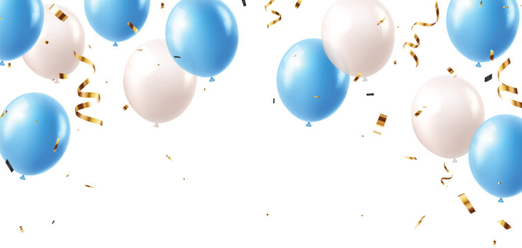 Elegant blue white balloons and party confetti ribbon, for happy Birthday celebration card banner template background
