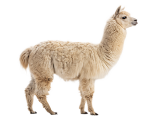 A full body shot of a llama standing sideways with a black background showing its fluffy white fur
