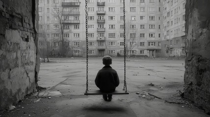 Child on a swing in a grey concrete courtyard of abandoned buildings
