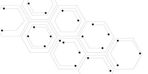 Abstract technology of white hexagons with black dots connected by lines on a white background.