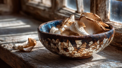 Cracked enamel bowl filled with wild mushrooms on a sunlit windowsill
