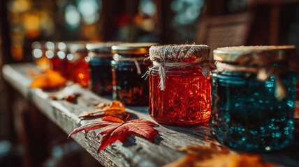 Homemade jam jars glimmering on a rustic wooden table in autumn light