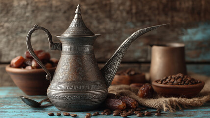 Elegant dallah showcasing traditional coffee brewing at a rustic setting