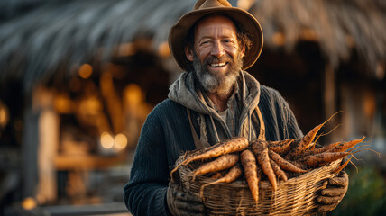 Happy farmer showcasing freshly harvested muddy carrots in rustic setting