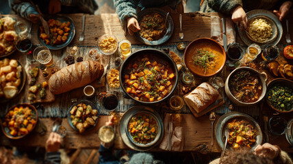 Enjoying a festive meal around a rustic table with seasonal stew