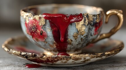 Close up of a vintage teacup with gold trim and red liquid spilling onto the saucer and table
