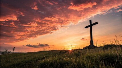 Sunset Cross Silhouette Landscape Photography, Dramatic Sky, Faith, Hope, Christian imagery. Cross, Sunset