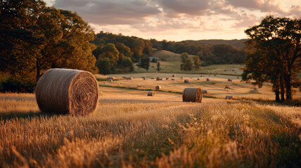 Golden sunset over rural fields scattered with hay and baskets