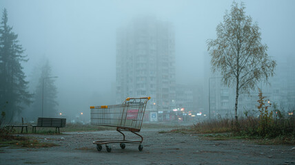 Abandoned shopping cart stands alone in foggy housing block setting