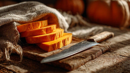 Autumnal delight sliced pumpkin on a rustic table with a knife nearby