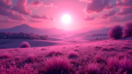 Gordijnen Enchanting Pink Landscape: A captivating and dreamy landscape enveloped in shades of pink, featuring rolling hills, vibrant vegetation, and a bright sun setting in the sky. © Moddy