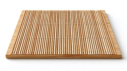 Close up of a bamboo sushi rolling mat with tan sticks tied together on a white background surface