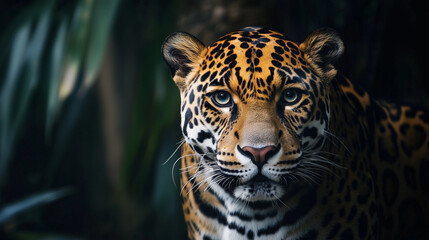 leopard on a black background. portrait of leopard with intense eyes.