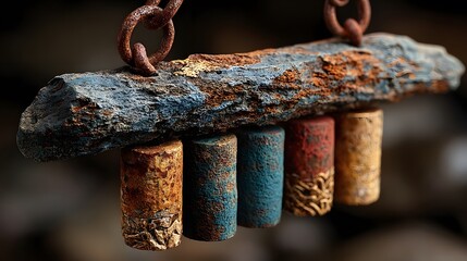 Close up of rustic wind chime with colorful cylinders and weathered wood hanging from rusty chain