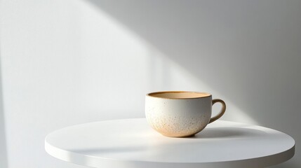 Speckled White Mug in Sunlight on a White Table