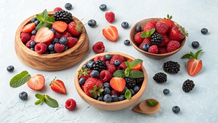 Three Wooden Bowls of Mixed Berries Strawberries, Raspberries, Blackberries and Blueberries, Food Photography, Flatlay Composition Berry Salad, Summer Fruit