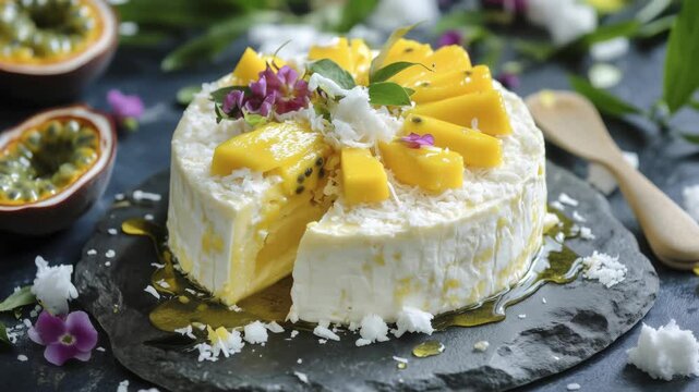 Bright mango dessert is artfully arranged with coconut and tiny edible flowers in a cozy kitchen ambiance, perfect for a summer gathering or special occasion.