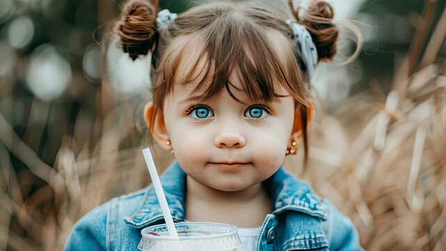 A small girl with charming blue eyes holds a refreshing drink, smiling and surrounded by nature in a cozy outdoor environment