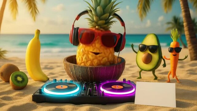Pineapple, avocado, banana, and carrot enjoy a vibrant beach party, showcasing their dance moves while listening to energizing tunes under a sunny sky.