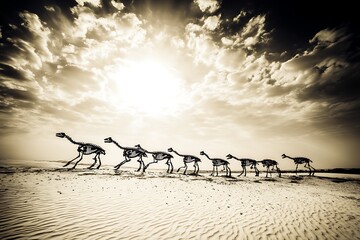 Dinosaur skeleton migration across desolate landscape