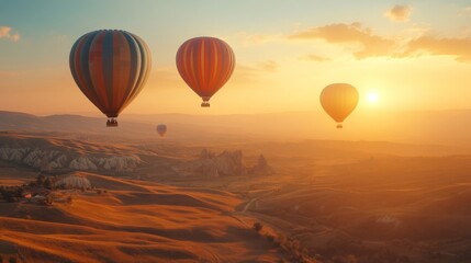 Obraz premium Colorful Hot Air Balloons Soaring Over Scenic Landscape at Sunrise